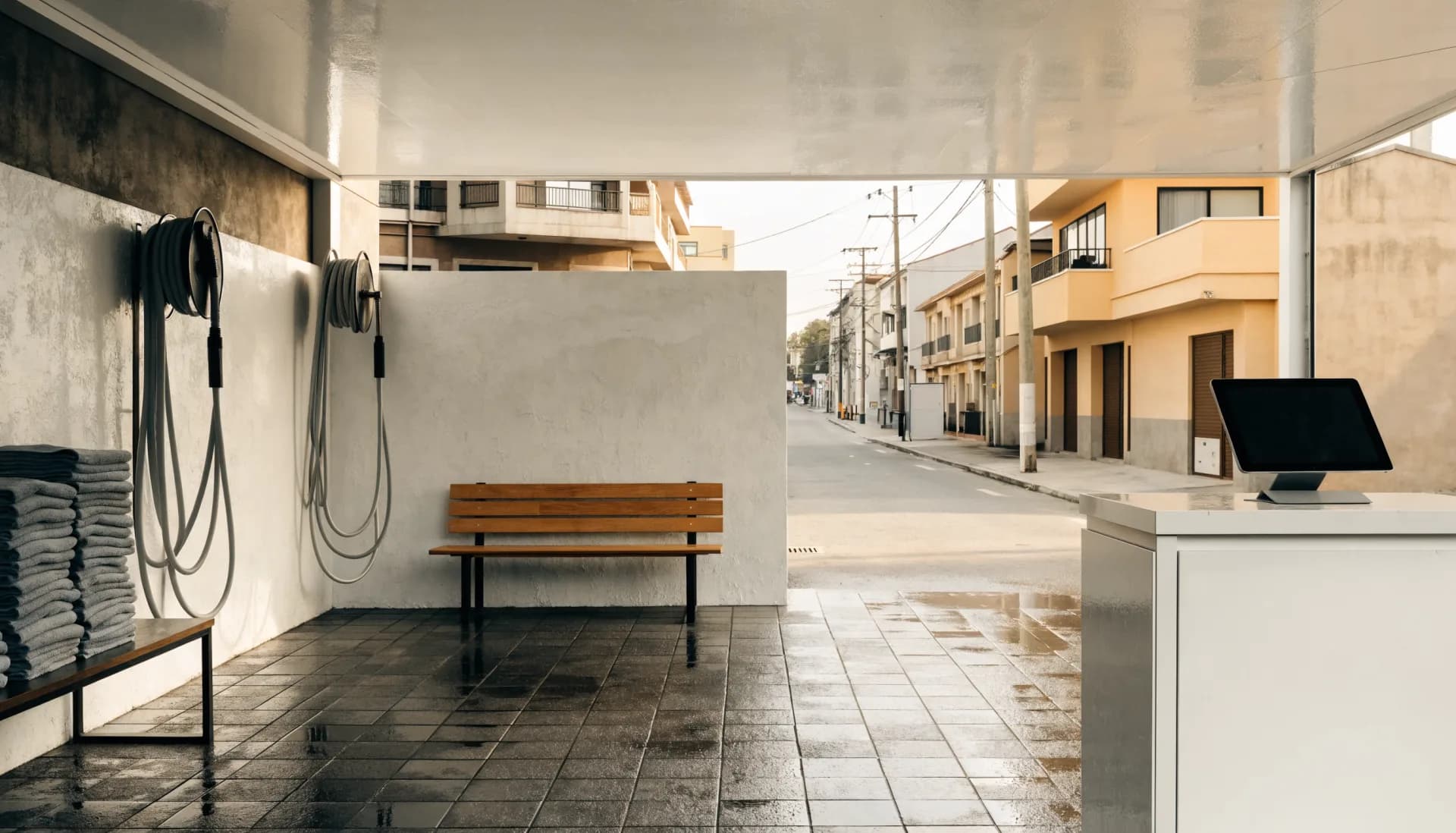 The car wash at rest before opening — a freshly rinsed bay, coiled hoses and stacked towels, the tablet on the cashier booth.