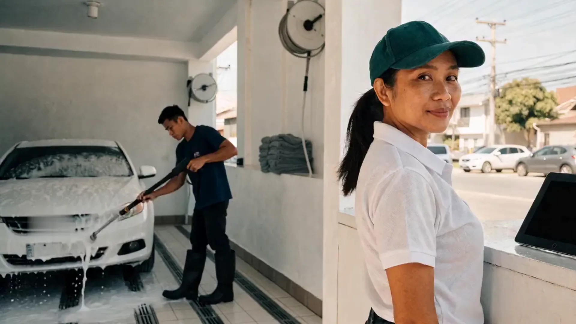 The owner of a car wash beside her cashier booth, smiling, while a washer foams a white sedan in the bay behind her.