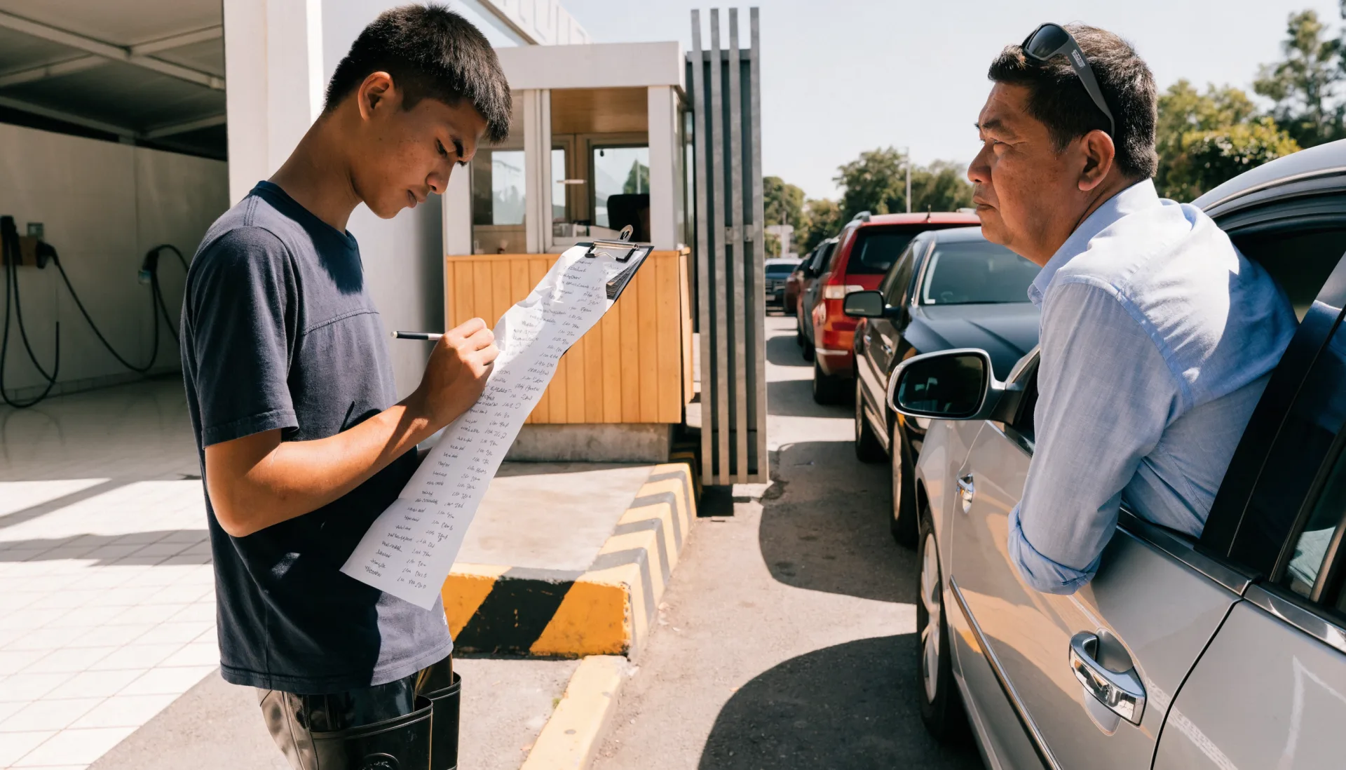 The Saturday rush without a system — an attendant scribbles plates on a crumpled clipboard list as cars queue at the gate and a driver leans out asking which car is next.