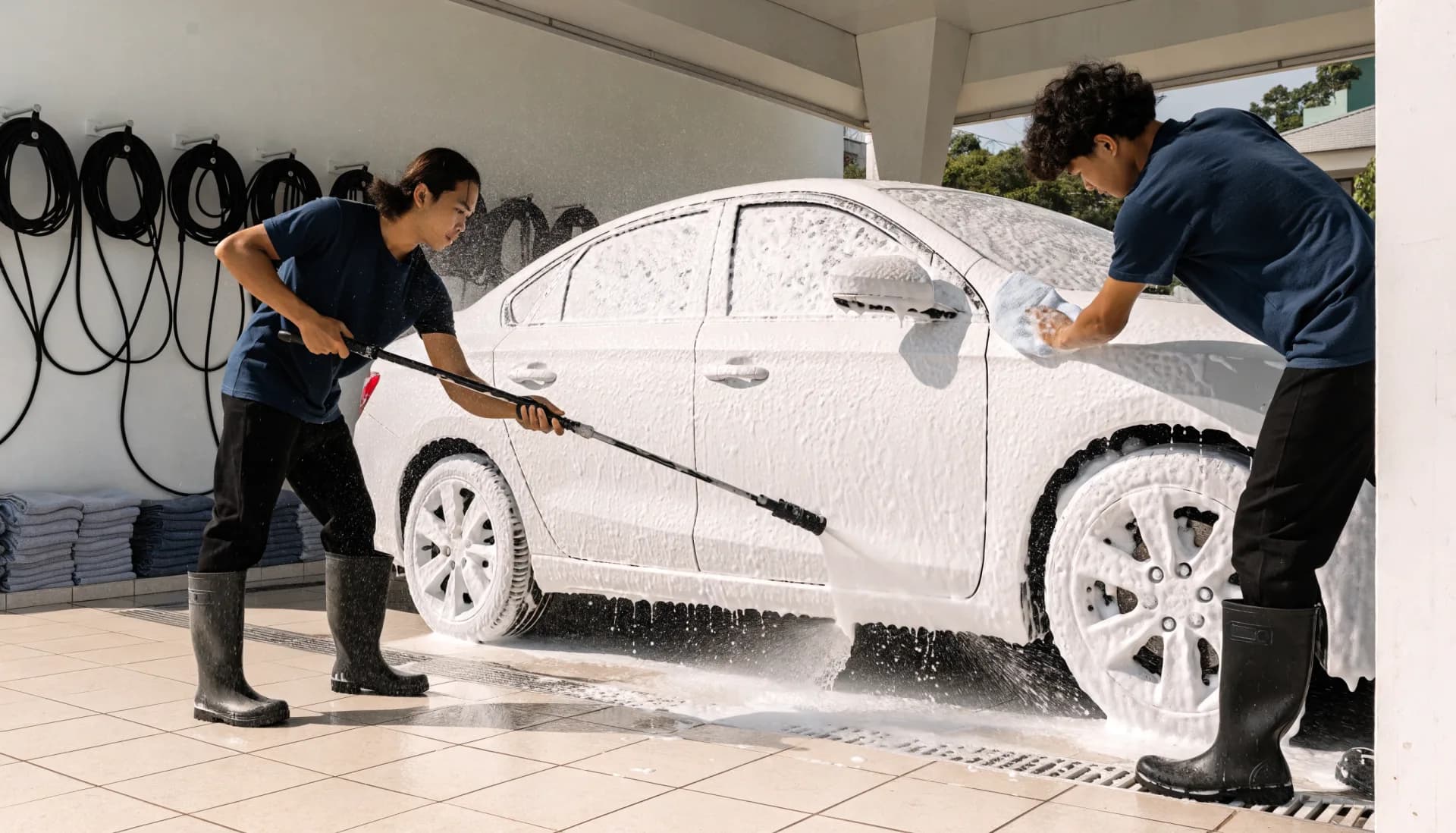 Two washers foam and rinse a white sedan in the wash bay, water running across the tiled floor.