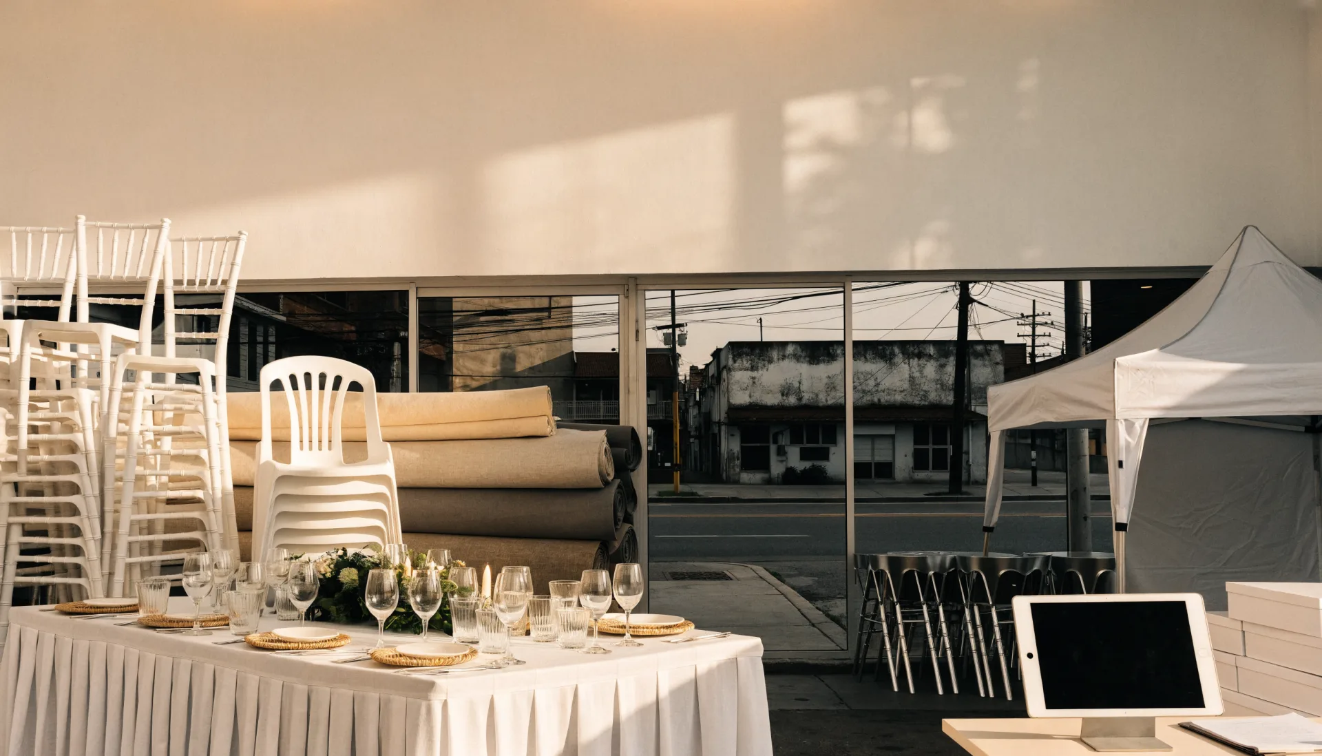 The rental showroom at rest — a styled table, stacked chairs, rolled drapes and a tent, the tablet on the desk.