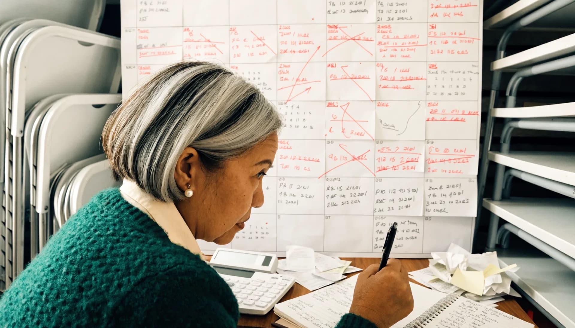 Bookings without a system — the owner studies a paper wall calendar of crossed-out dates, a notebook of deposits and a calculator in front of her.