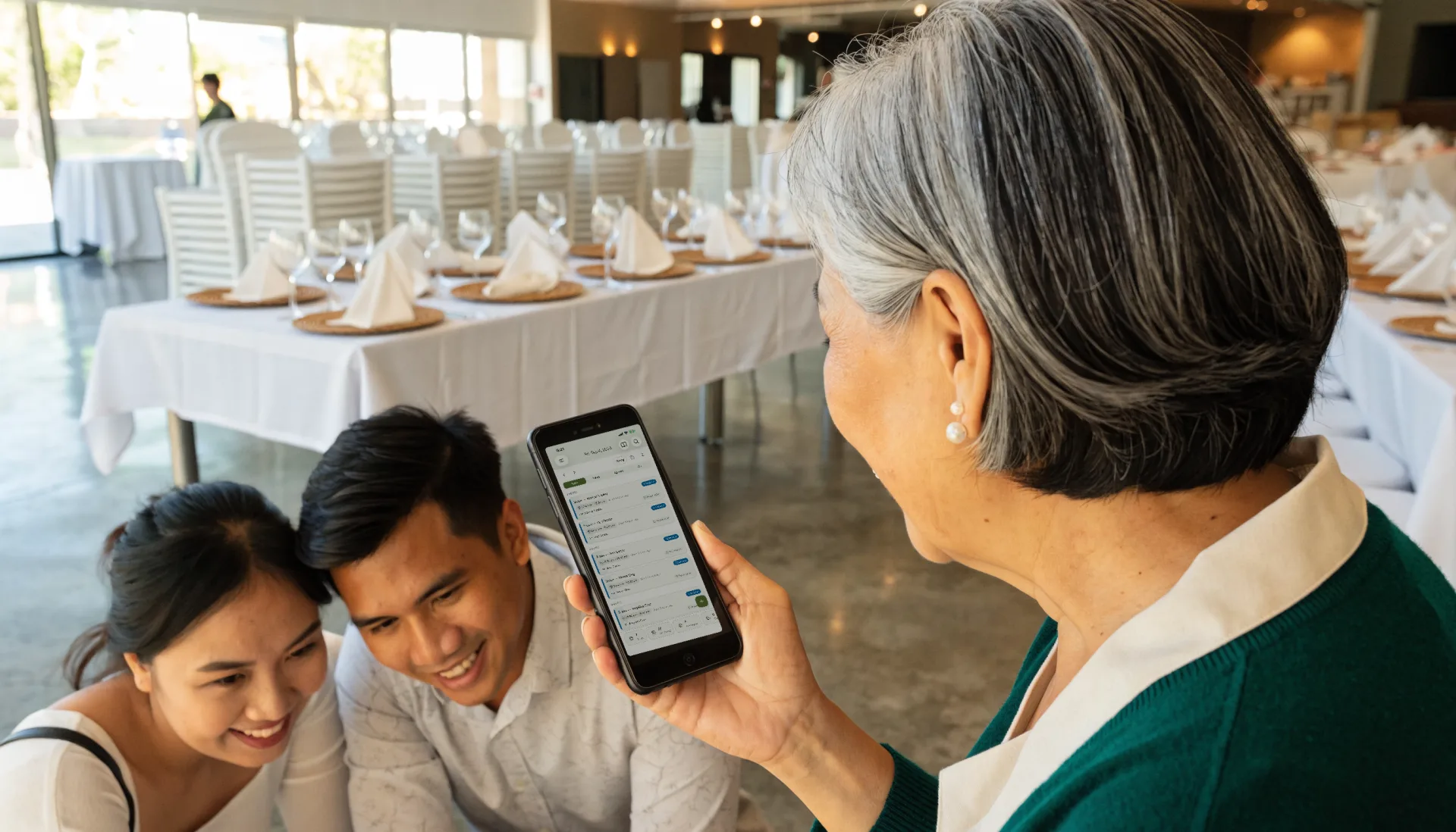 The owner shows a young couple the reservations on Fuze Store on her phone as they choose their event date.