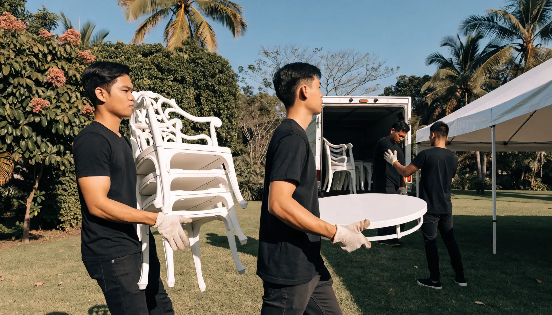 The crew unloads chairs and a round table from the truck and carries them to the tent at a garden venue.