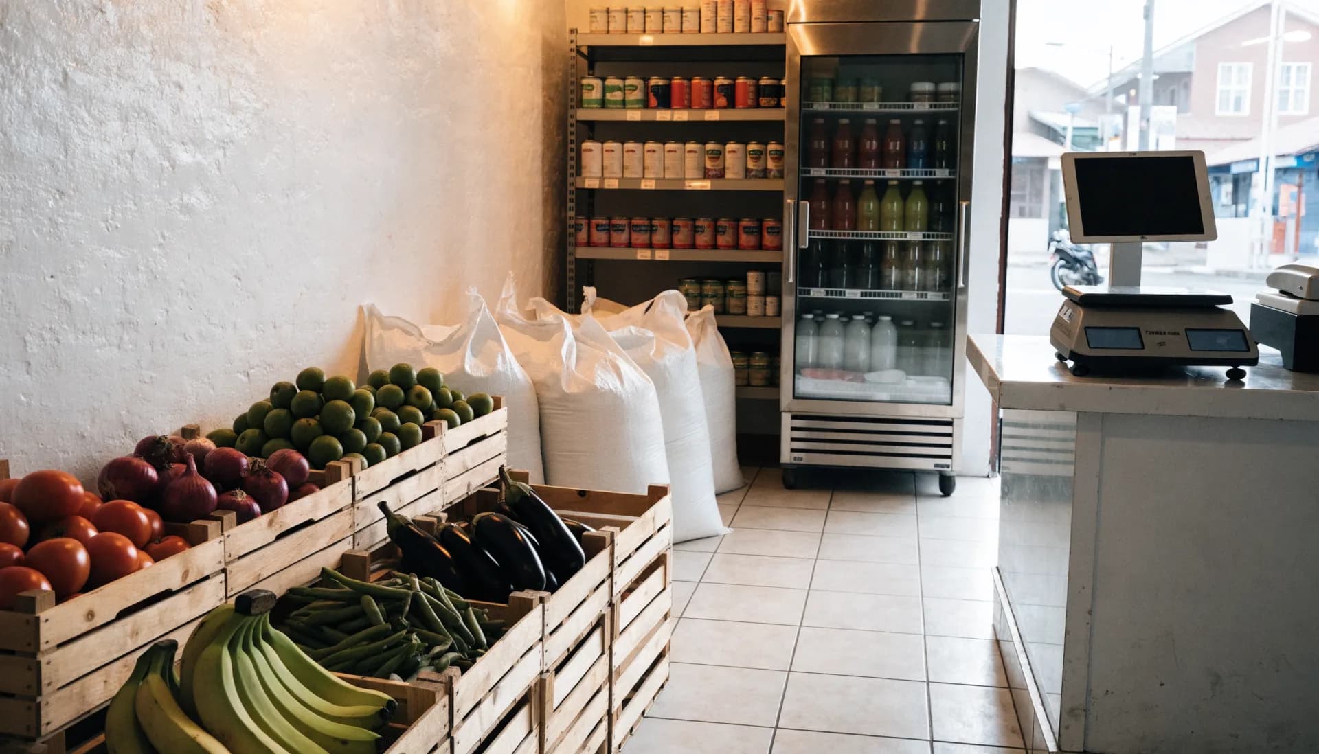 The grocery at rest before opening — full crates of produce, rice sacks and a stocked chiller, the scale and the tablet on the counter.