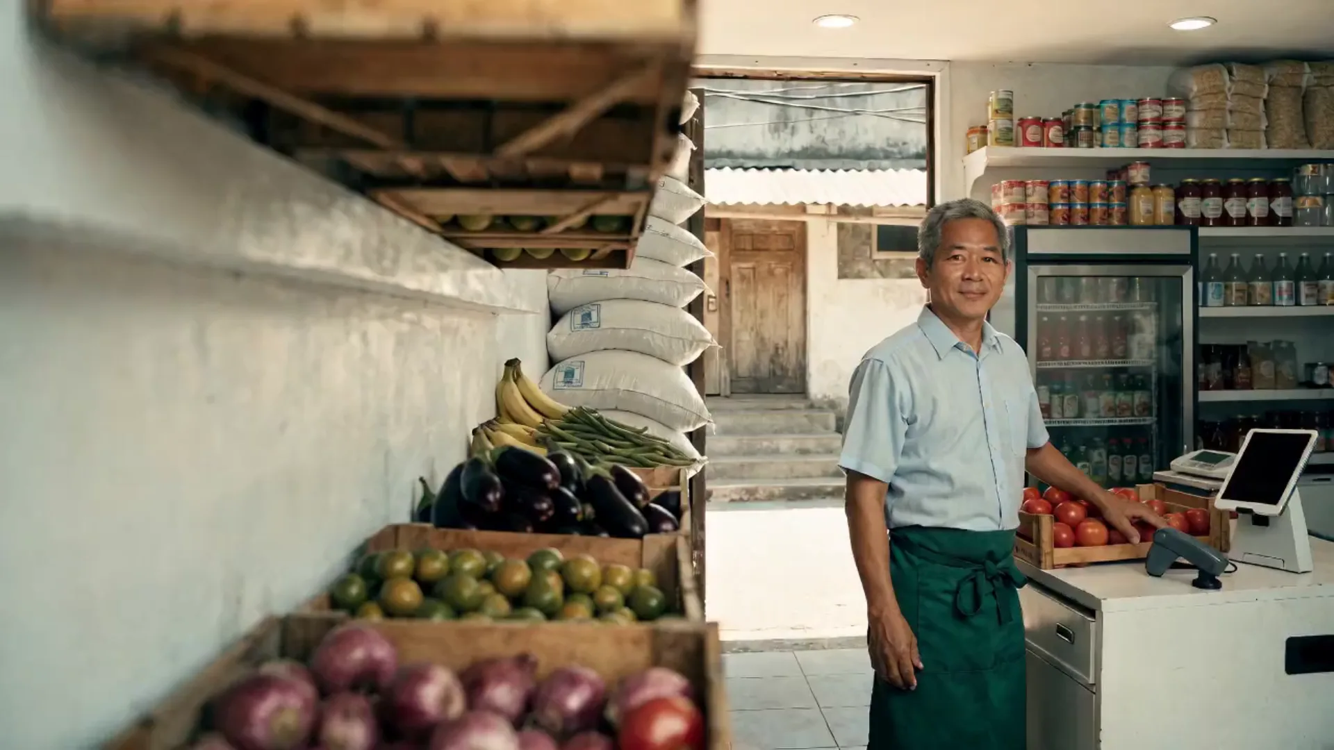 The owner behind the counter of his neighborhood grocery, smiling, with crates of tomatoes, eggplant and calamansi, rice sacks and a chiller around him.