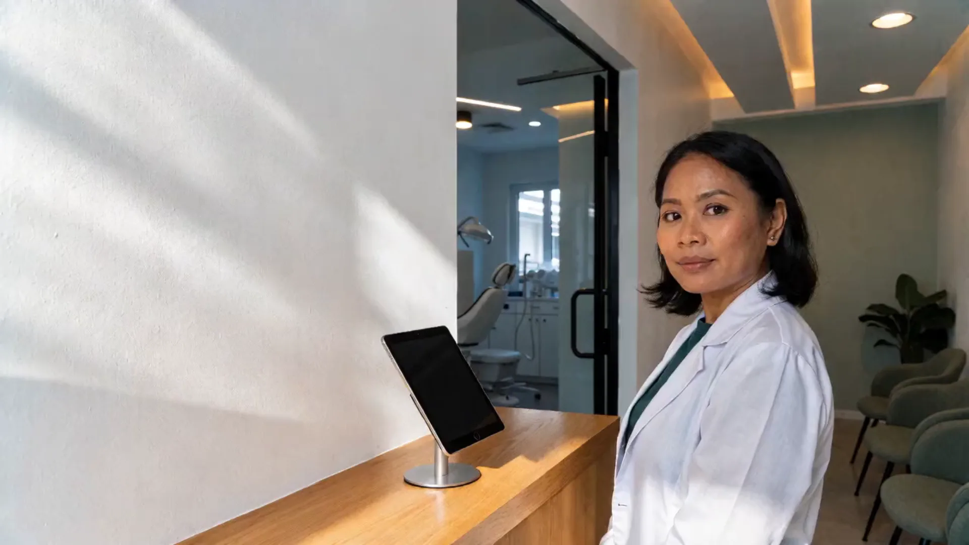 The dentist beside the front desk of her clinic, smiling, with the waiting area and a treatment room behind her.