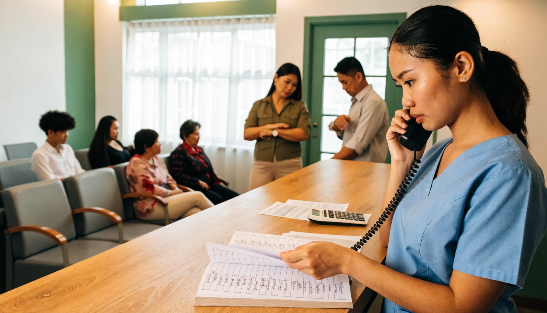 The morning rush without a system — the receptionist takes a call while searching a handwritten appointment book as patients fill every chair and wait standing.
