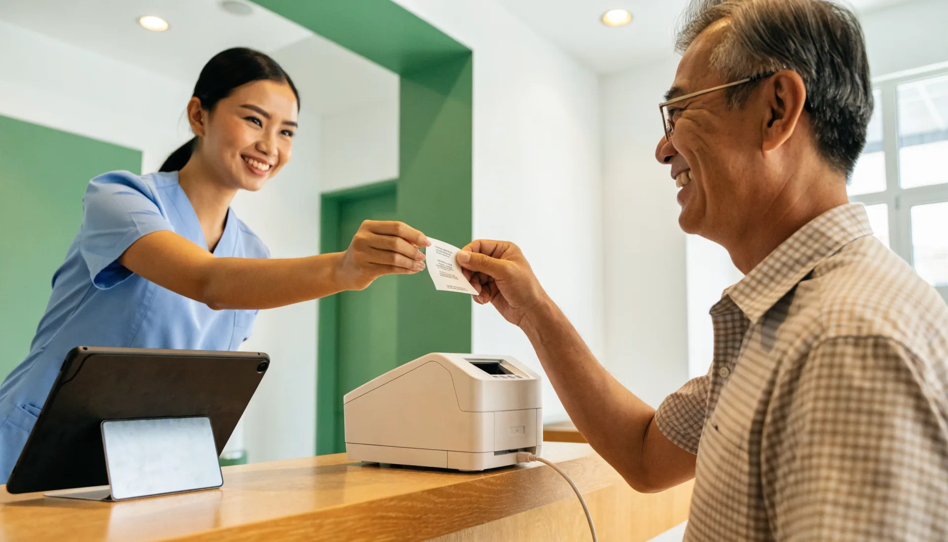 After the visit the receptionist hands a smiling patient his printed receipt from the counter printer.