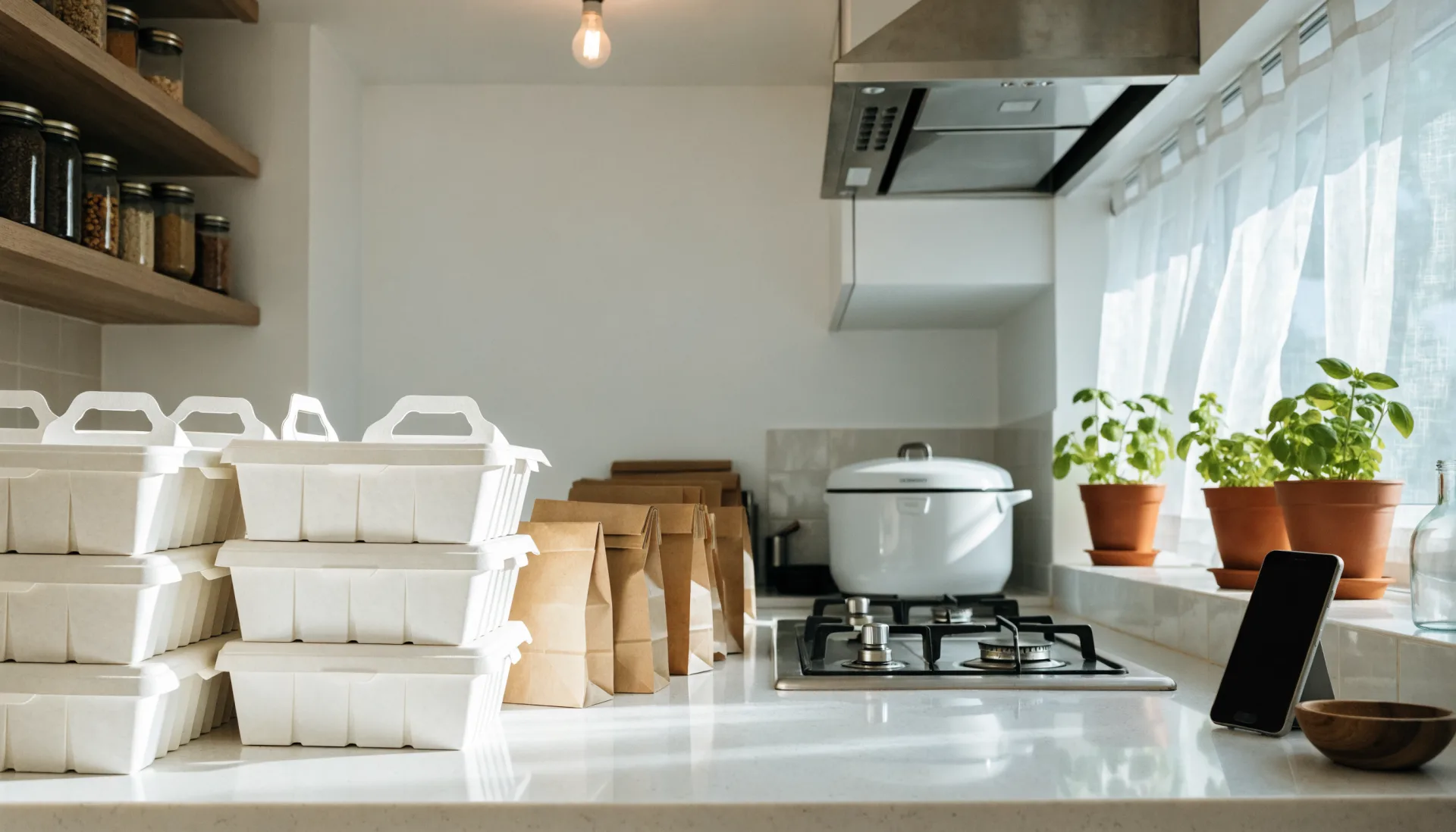 The home kitchen at rest in the morning — meal boxes and paper bags stacked and ready, the phone on its stand by the window.