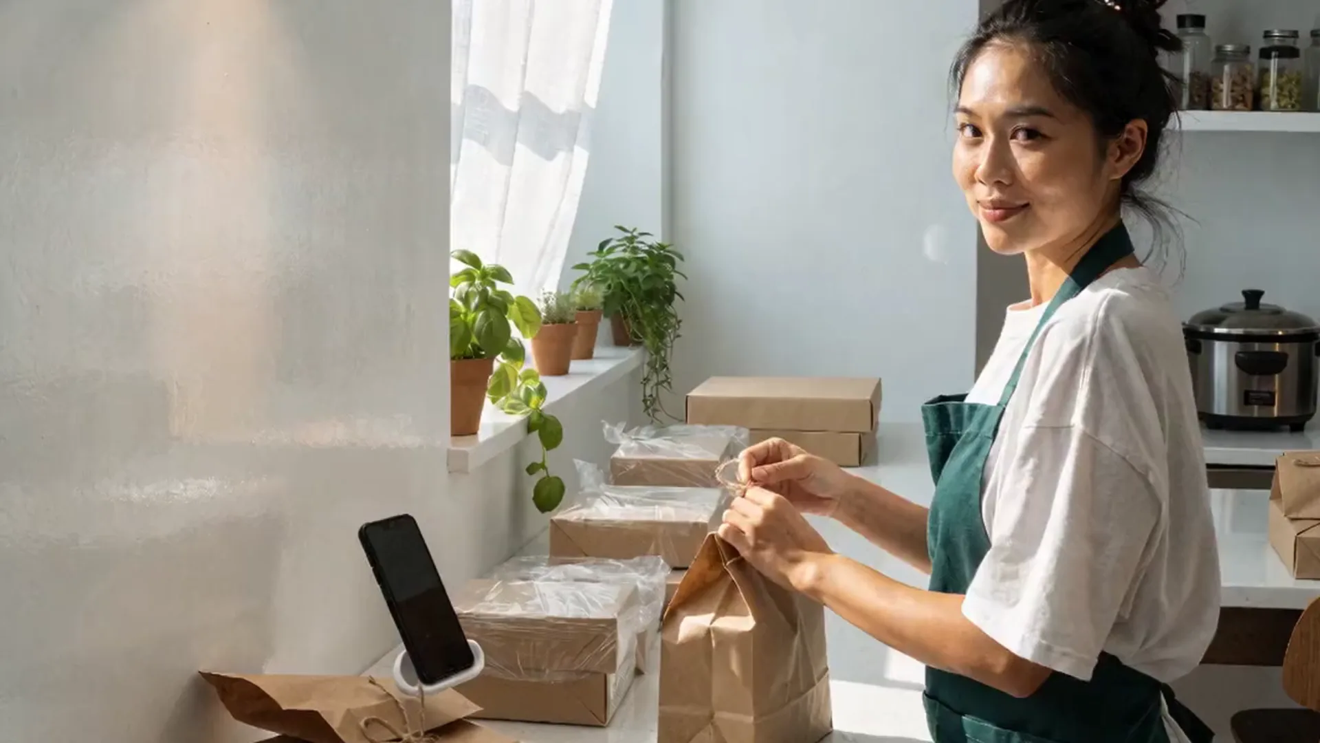 A home seller in her kitchen tying a paper bag of packed orders, smiling, with meal boxes stacked on the counter and her phone on its stand.