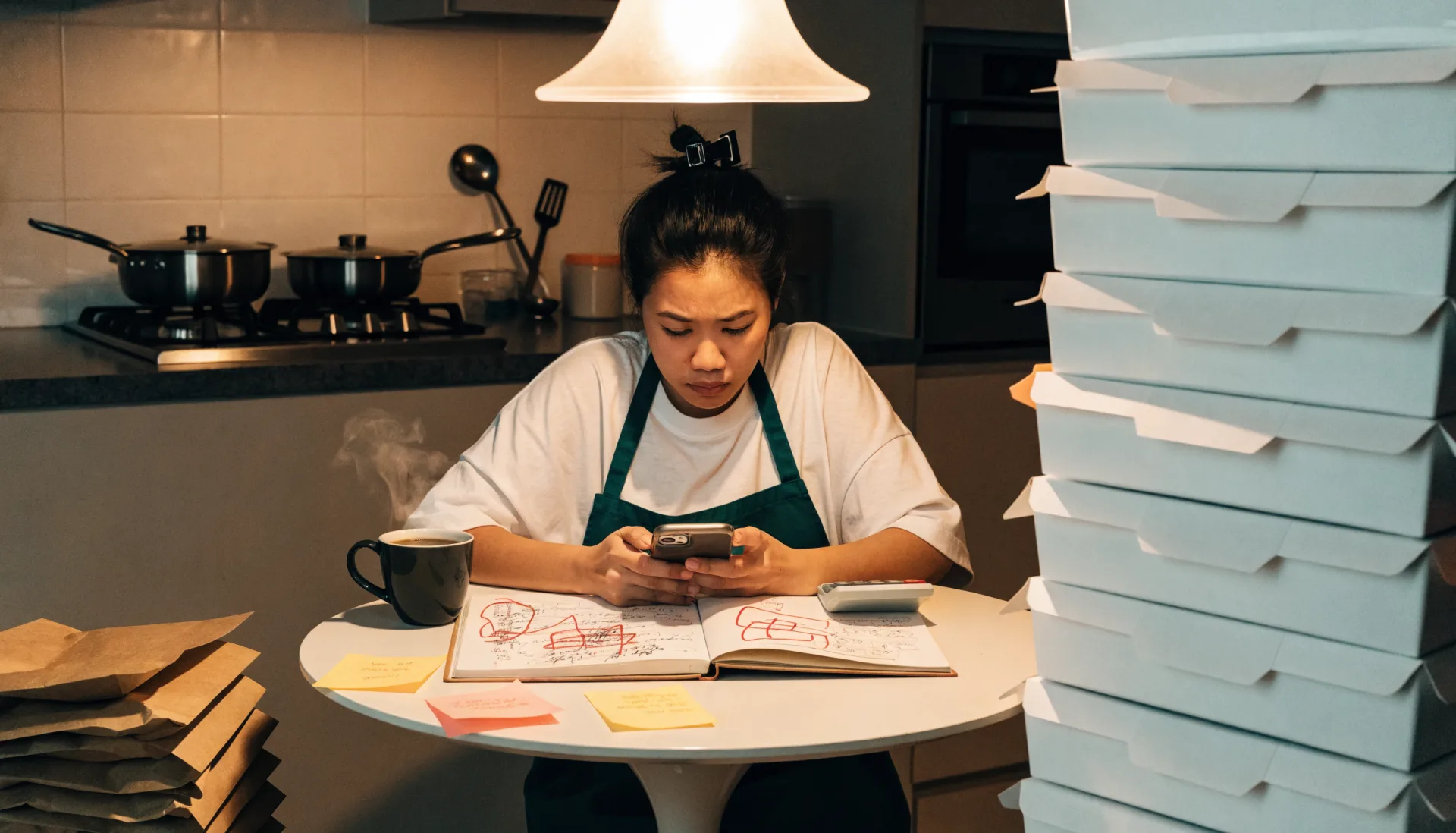 Orders without a system — late at night the seller scrolls her chats beside a notebook of crossed-out orders, sticky notes and a calculator.