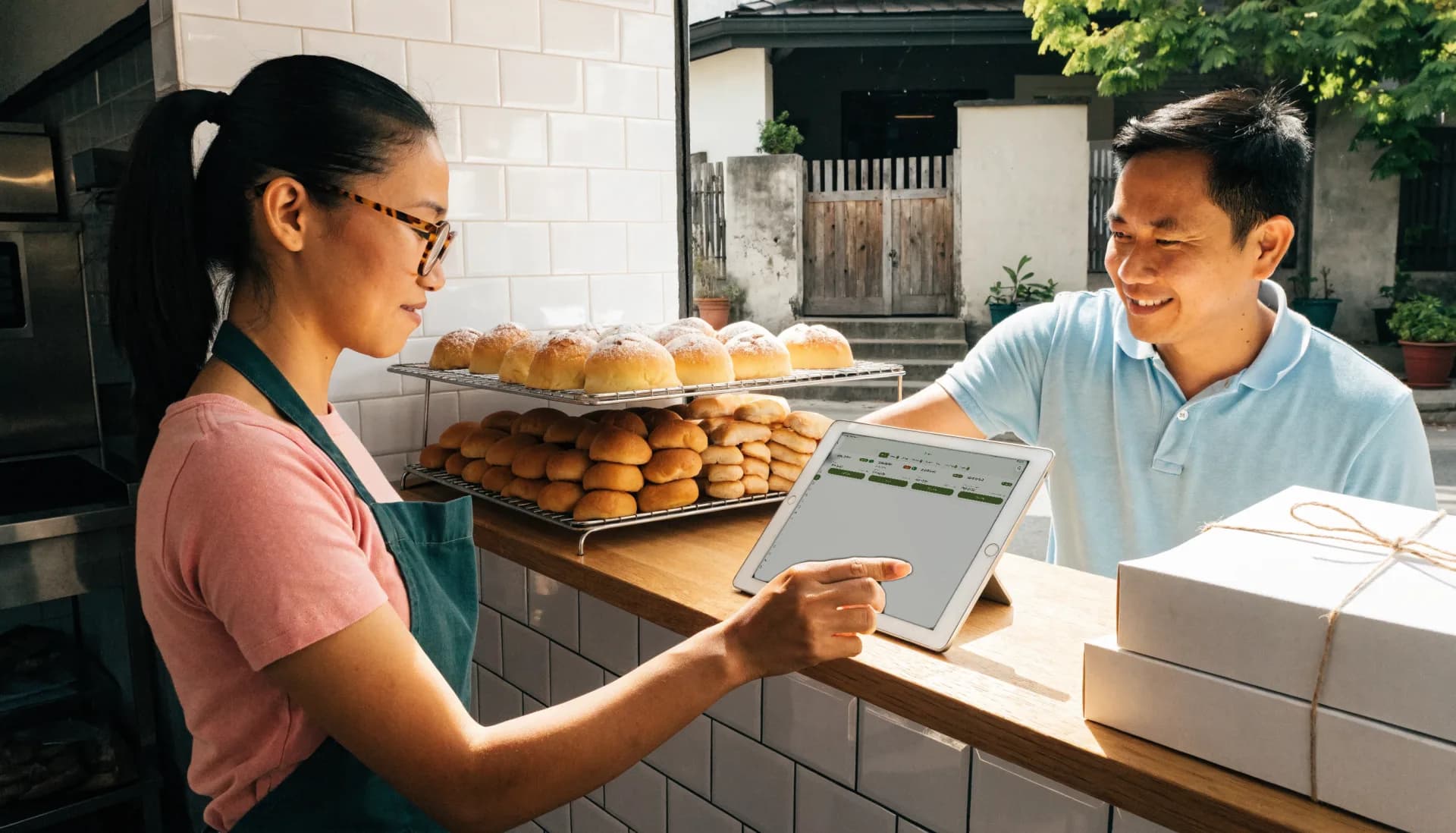 A customer orders at the front window of the home bakery while the baker adds it to the day’s orders on the Fuze Store tablet.