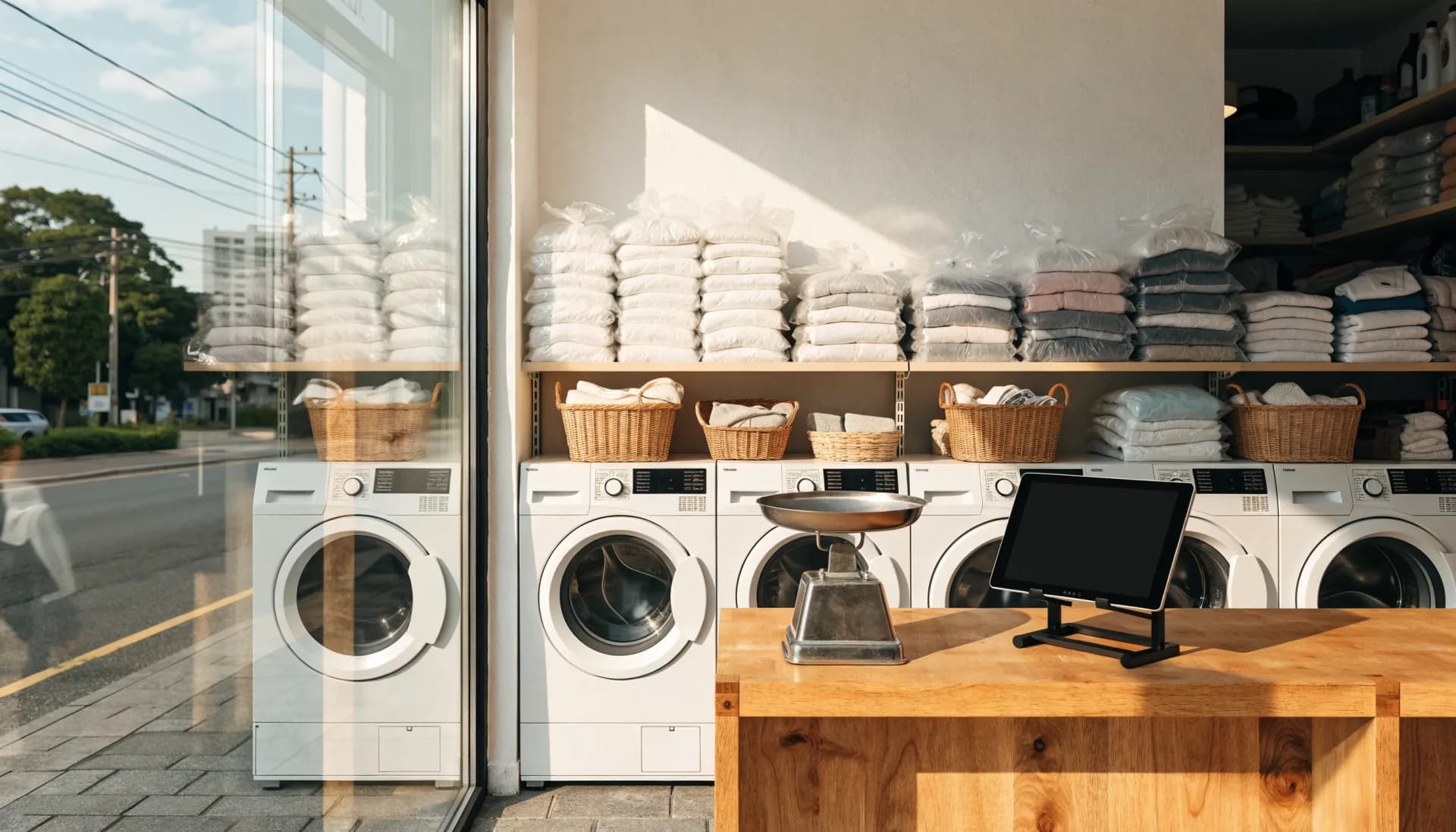 The laundry at rest before opening — washers closed, folded laundry bagged on the shelves, the scale and the tablet on the counter.