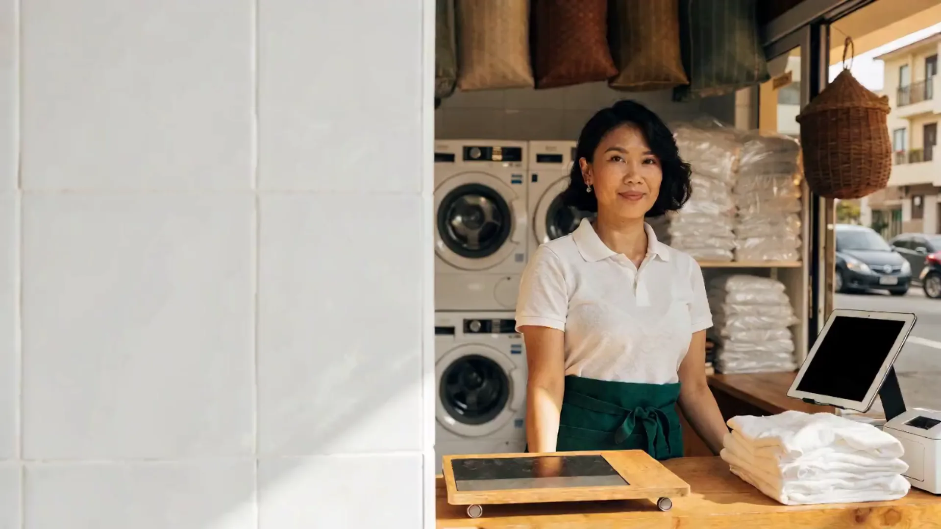 The owner behind the counter of her neighborhood laundry shop, smiling, with stacked washers and dryers, folded laundry and the tablet beside her.