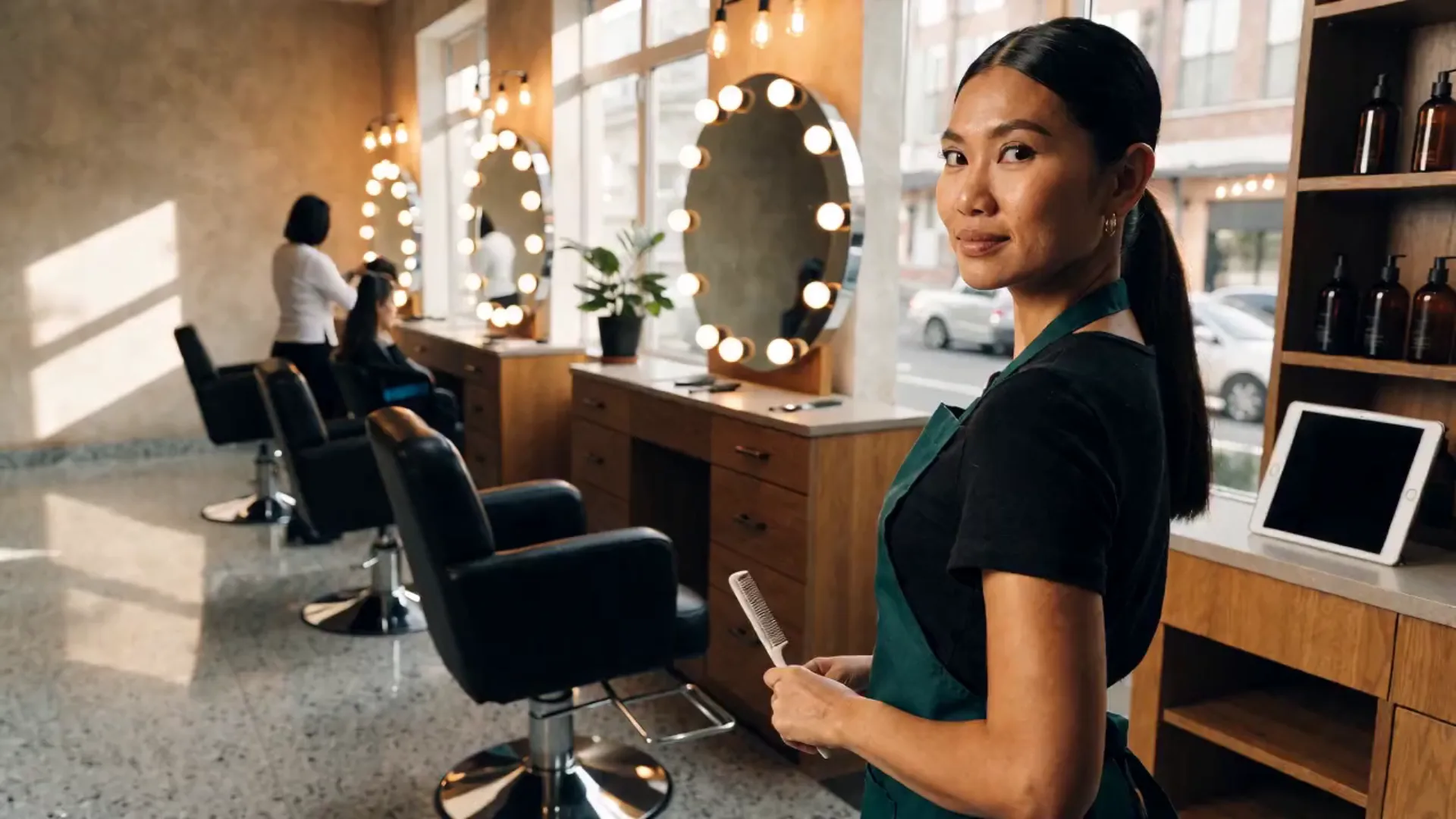 The owner of a hair salon, comb in hand and smiling, while another stylist works on a client at the mirrors behind her.