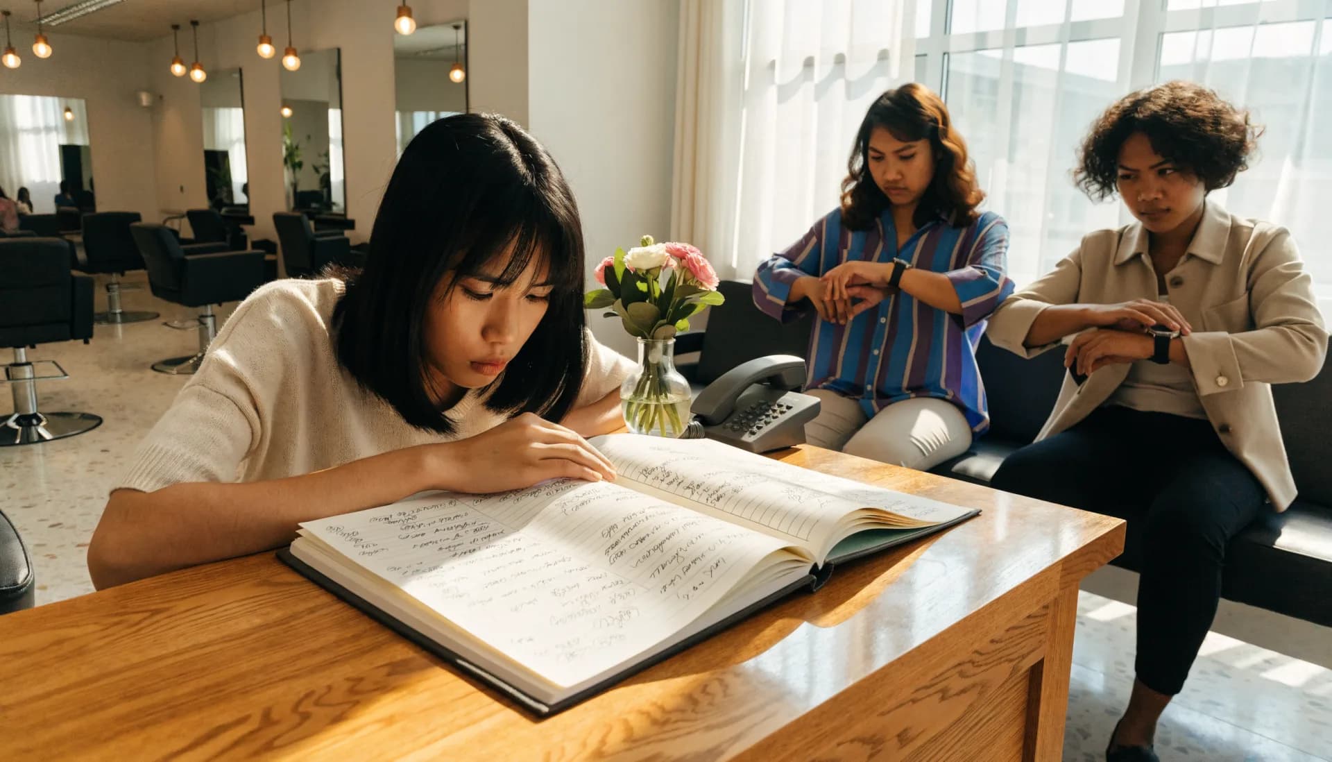 Bookings without a system — the receptionist searches a handwritten appointment book full of crossed-out entries while two clients booked for the same time check their watches.