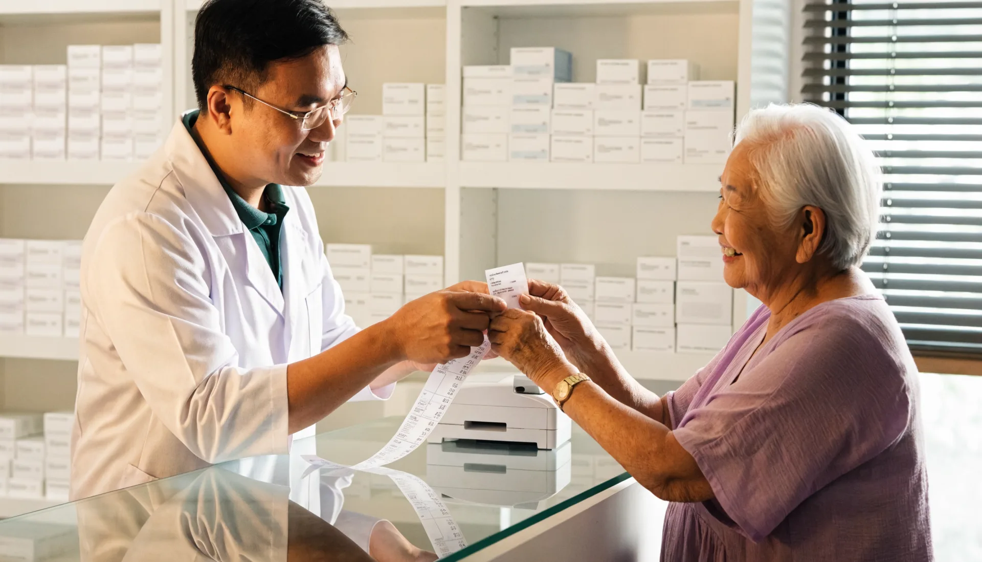 The pharmacist hands a smiling senior customer her long itemised receipt fresh from the counter printer.