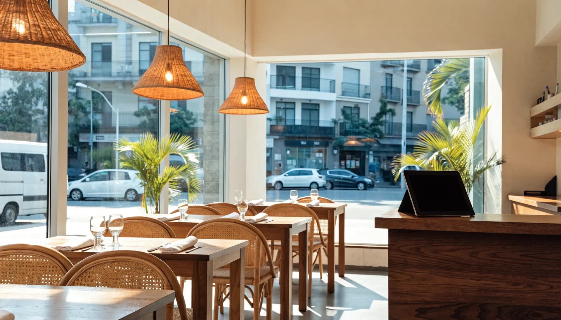 The dining room at rest before opening — tables set under rattan pendant lamps, morning sun through the windows, the tablet on the host counter.