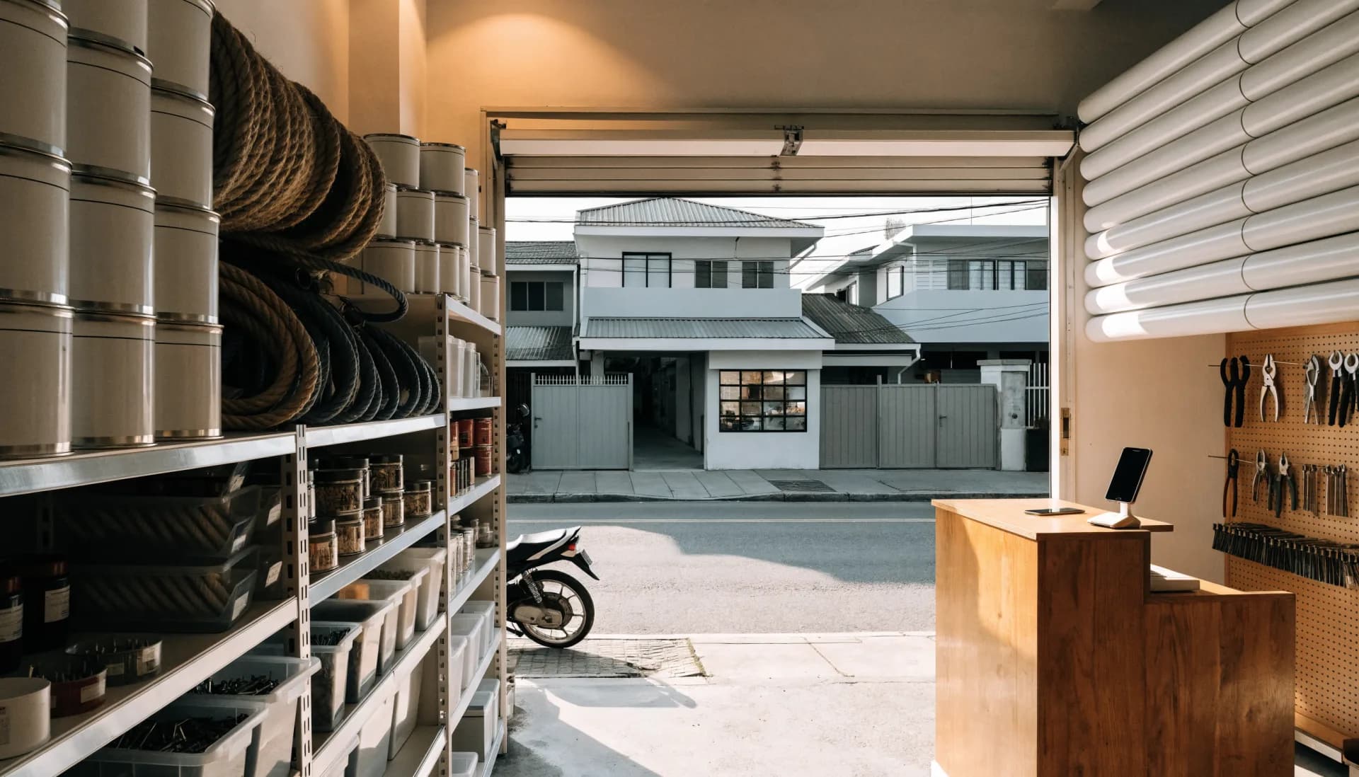 The hardware store at rest before opening — stocked shelves of rope, pipes and tools, the counter with its receipt printer and phone, the street through the open door.