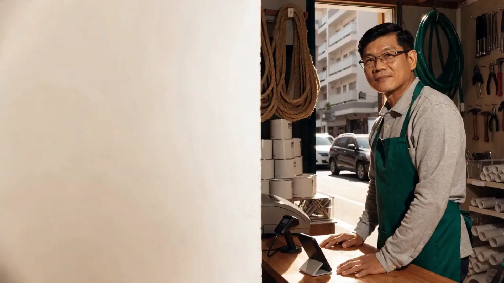 The owner behind the counter of his neighborhood hardware store, smiling, with coils of rope and hose, tools on the pegboard and the street through the door.