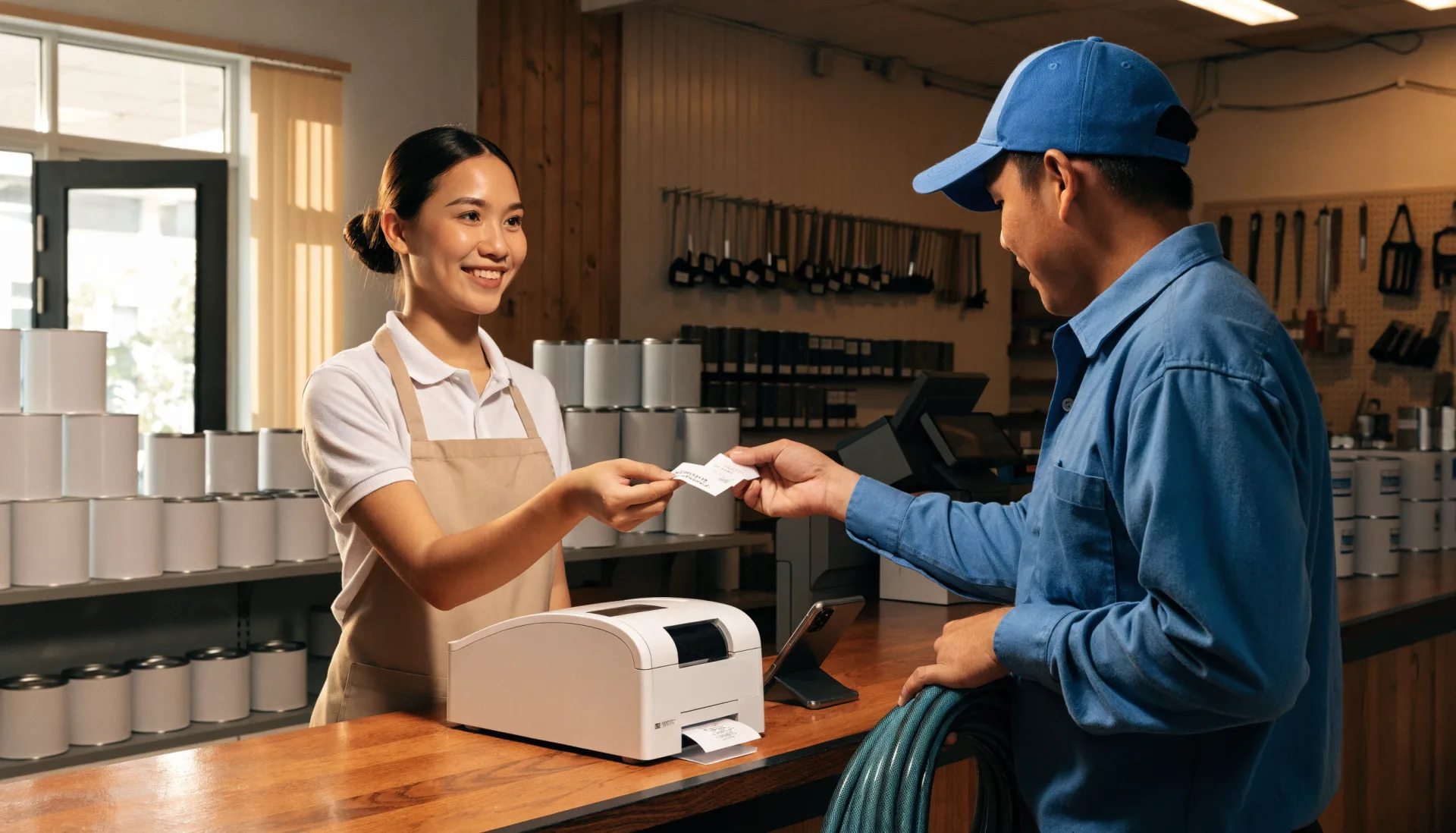 The cashier hands a printed receipt from the counter printer to a contractor carrying a coil of hose.