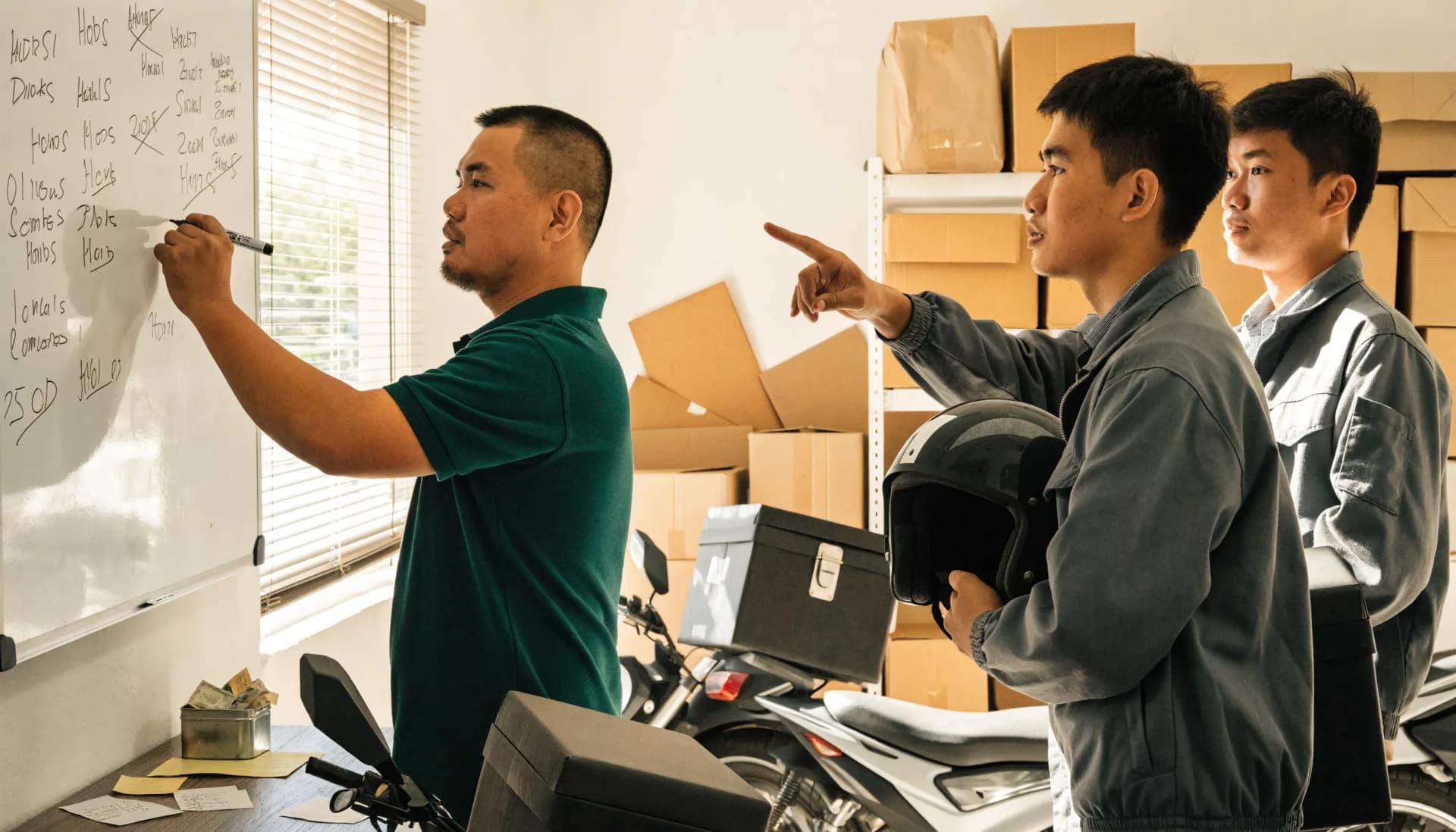 Dispatch without a system — the owner scribbles addresses on a whiteboard while two riders wait, one pointing to ask which job is his.