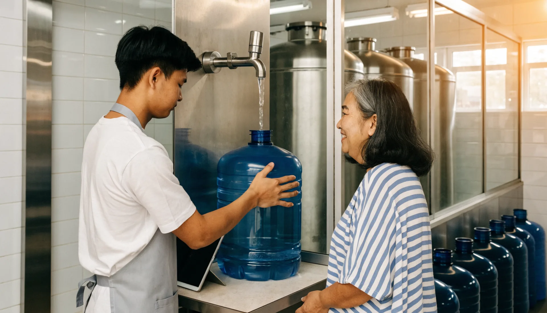 A staff member fills a 5-gallon container at the refilling tap while a smiling customer waits at the counter.
