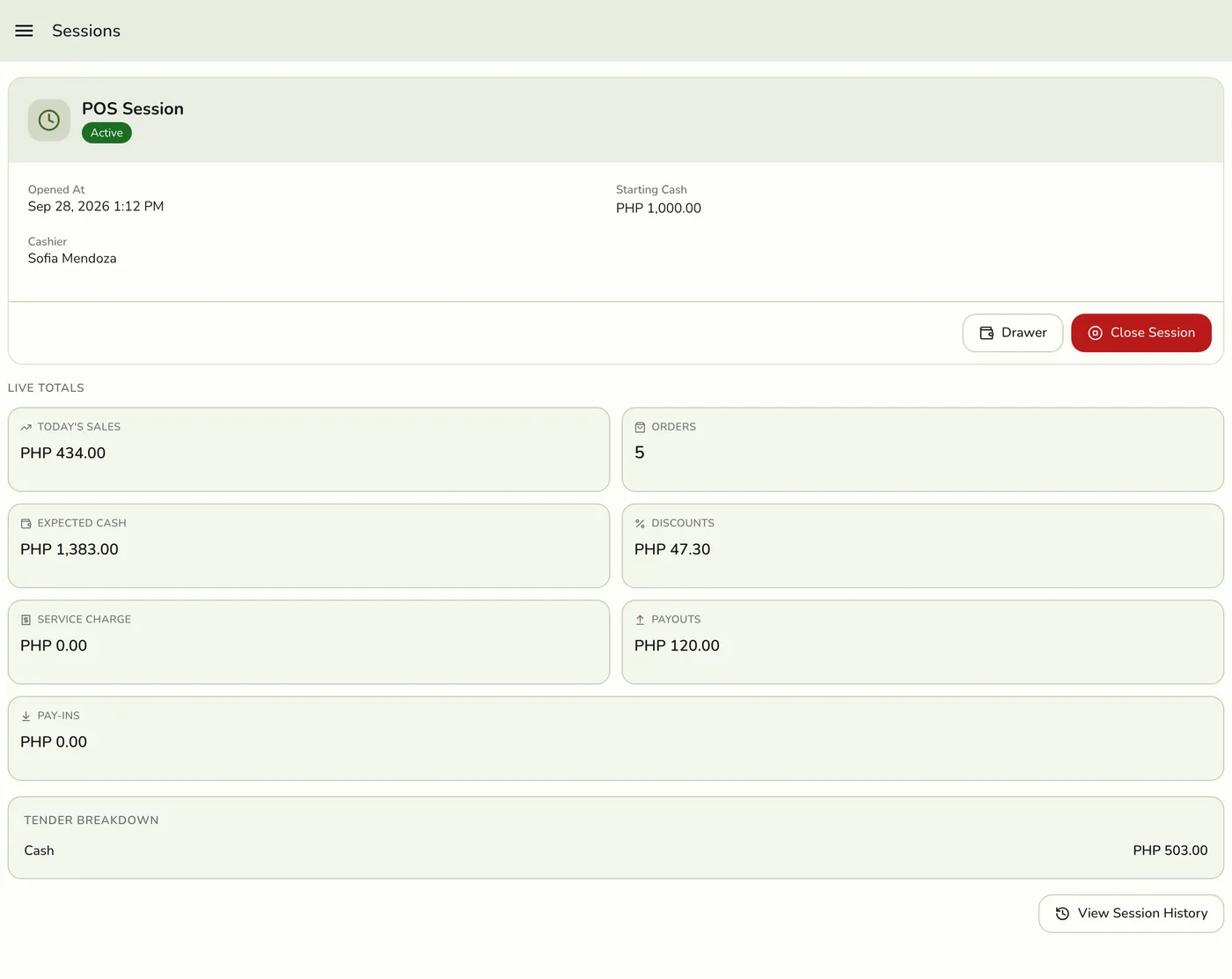 The Store Sessions screen with an active session