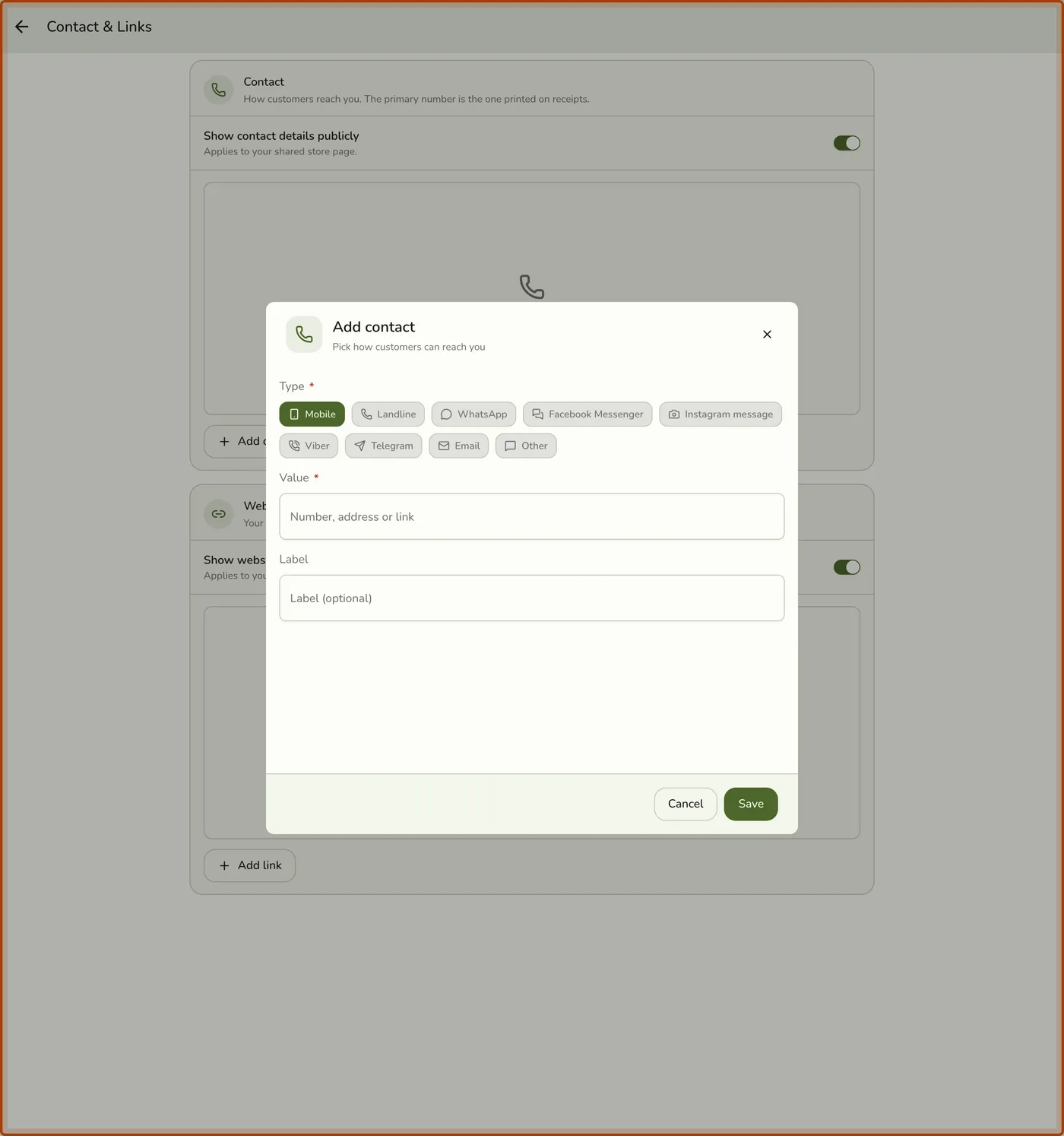 The type picker after tapping Add in the Contact section