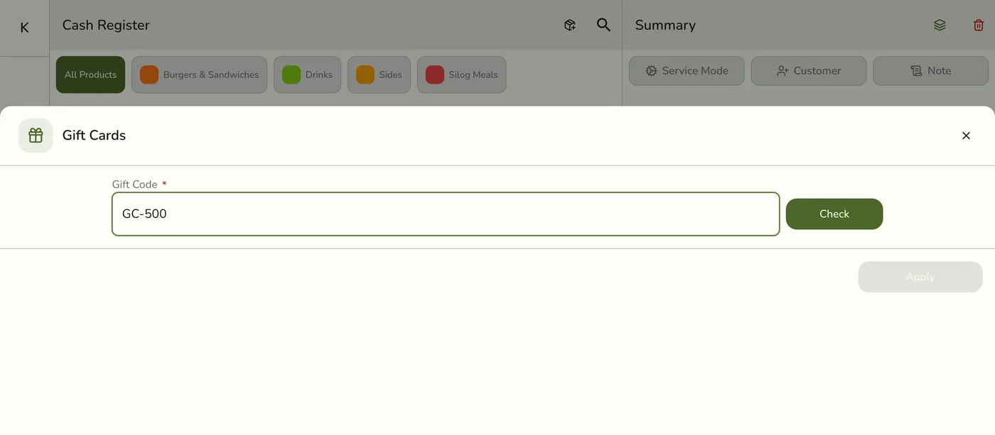 The Summary Gift cards section showing a card applied