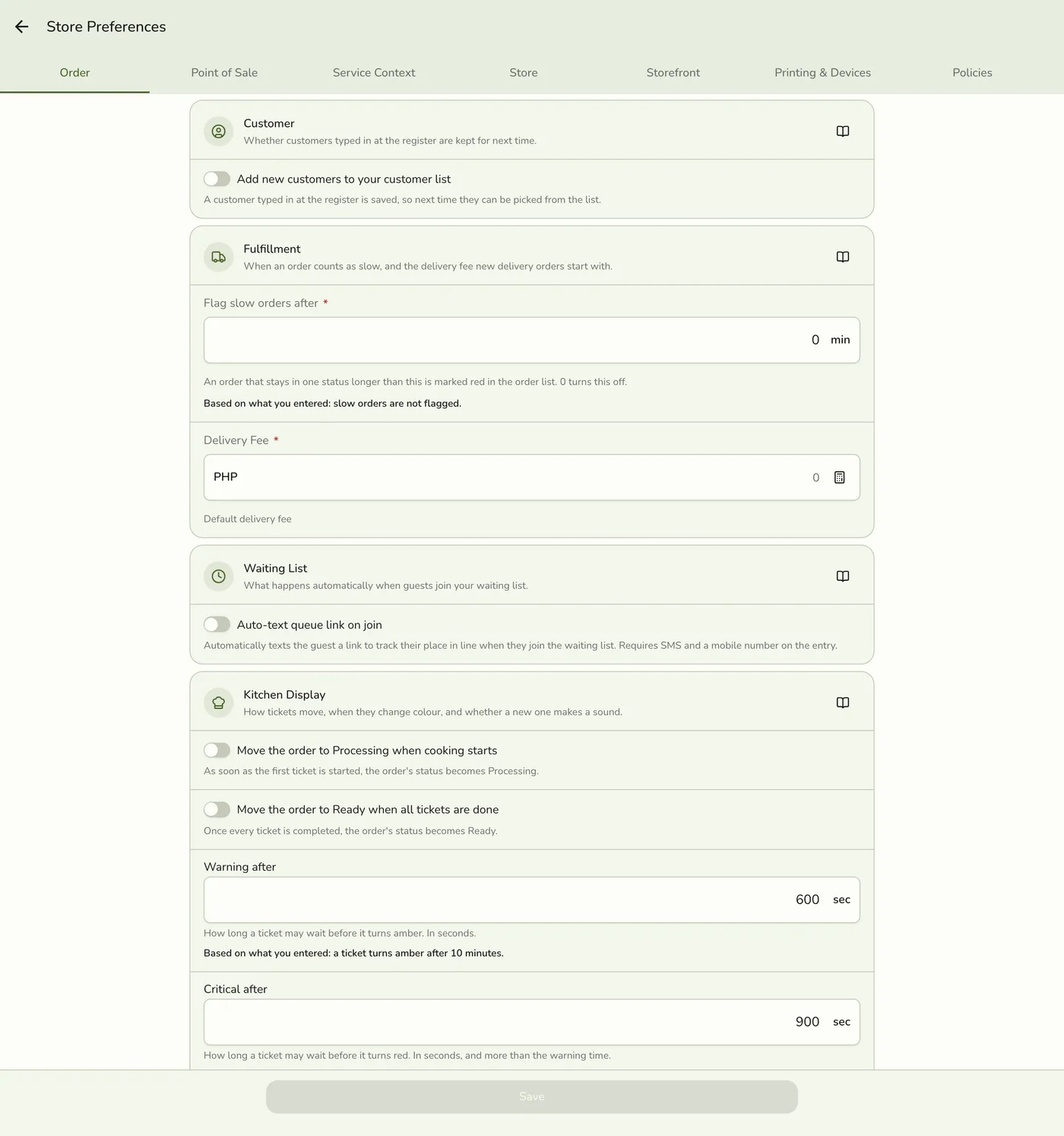 Reorder settings on a location row