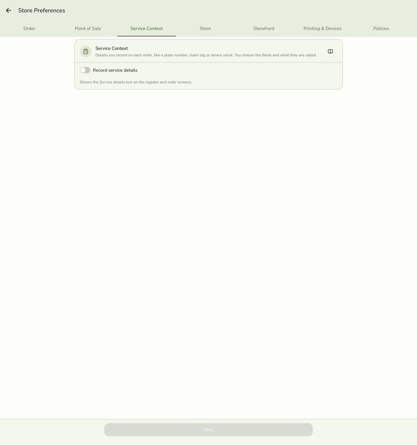 The Service Context tab with seeded fields