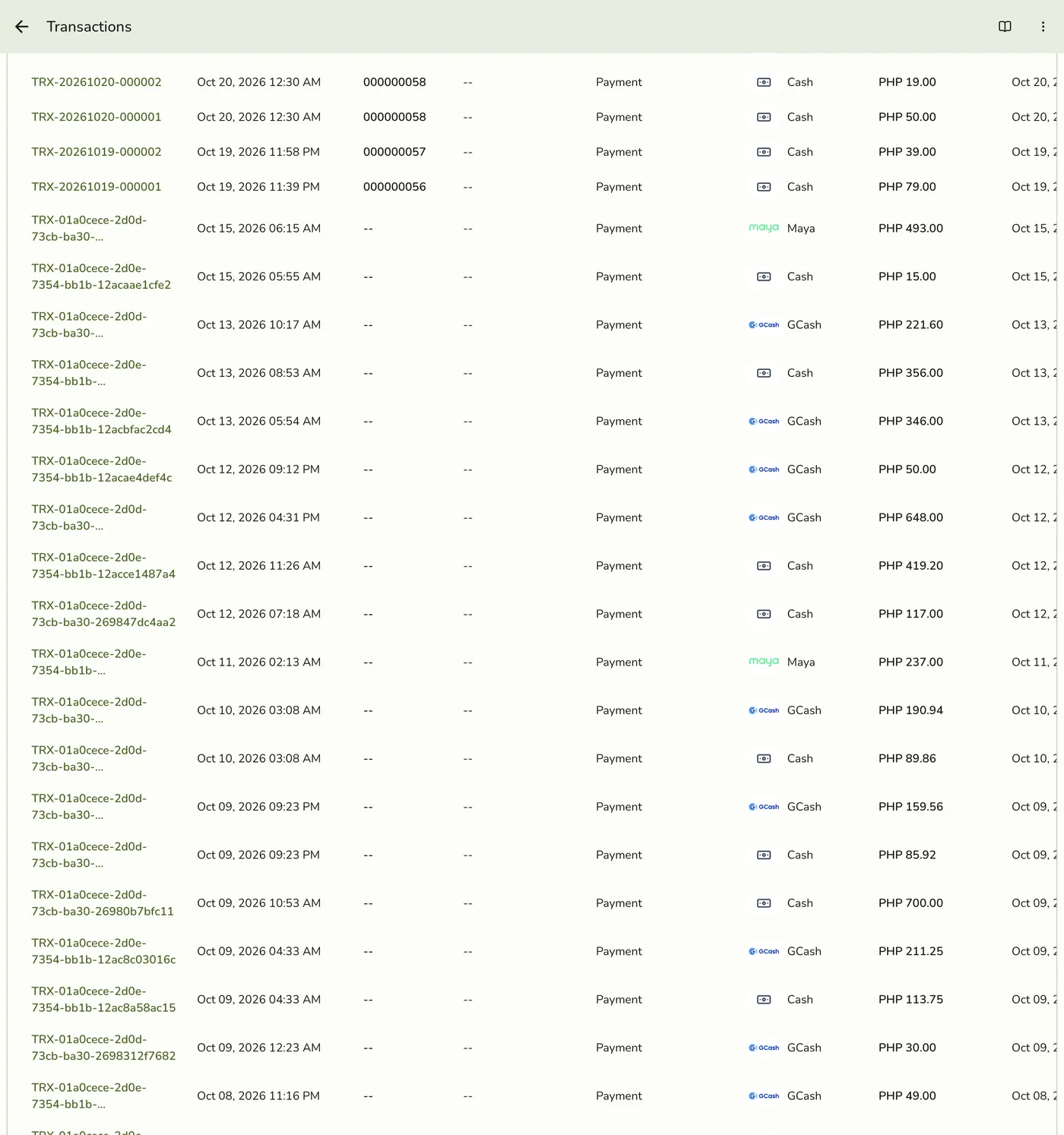 Transaction Report: scroll the list