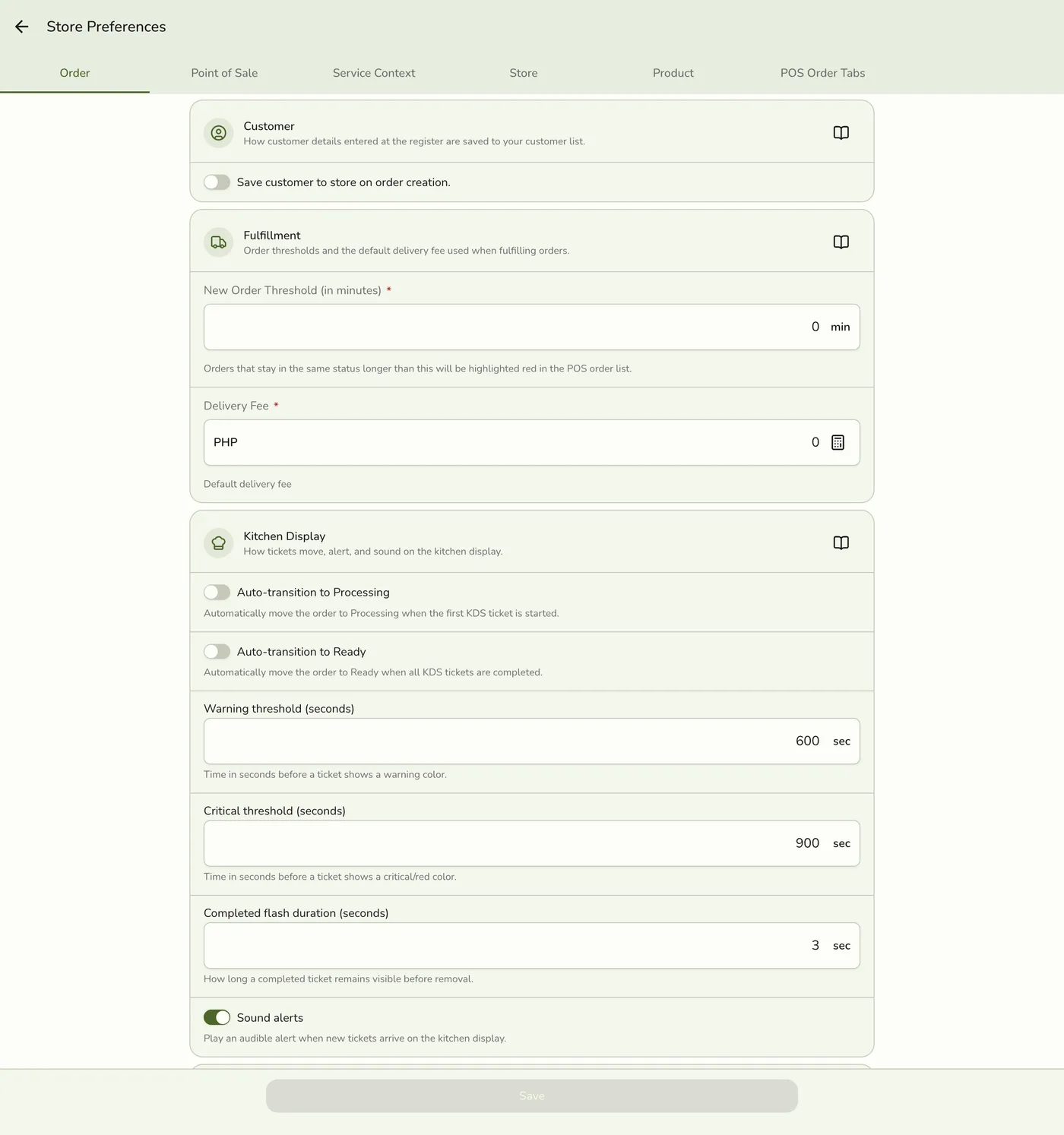 The Preferences screen on the Point of Sale tab, showing default order status, default payment method, and requirement toggles